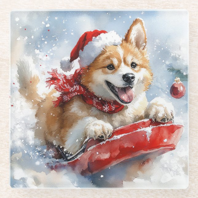 Akita Dog in Sledge Let it Snow Christmas Glass Coaster (Front)