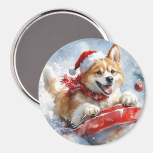 Akita Dog in Sledge Let it Snow Christmas Magnet