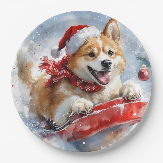 Akita Dog in Sledge Let it Snow Christmas Paper Plates (Front)
