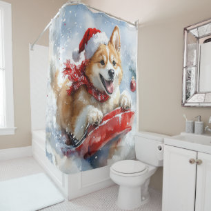 Akita Dog in Sledge Let it Snow Christmas Shower Curtain