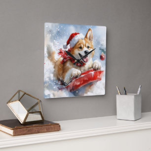 Akita Dog in Sledge Let it Snow Christmas Square Wall Clock