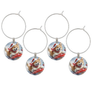 Akita Dog in Sledge Let it Snow Christmas Wine Charm