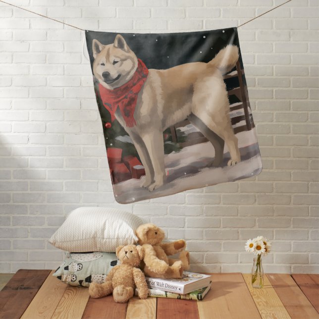 Akita Dog in Snow Christmas Baby Blanket (In Situ)