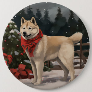 Akita Dog in Snow Christmas Button