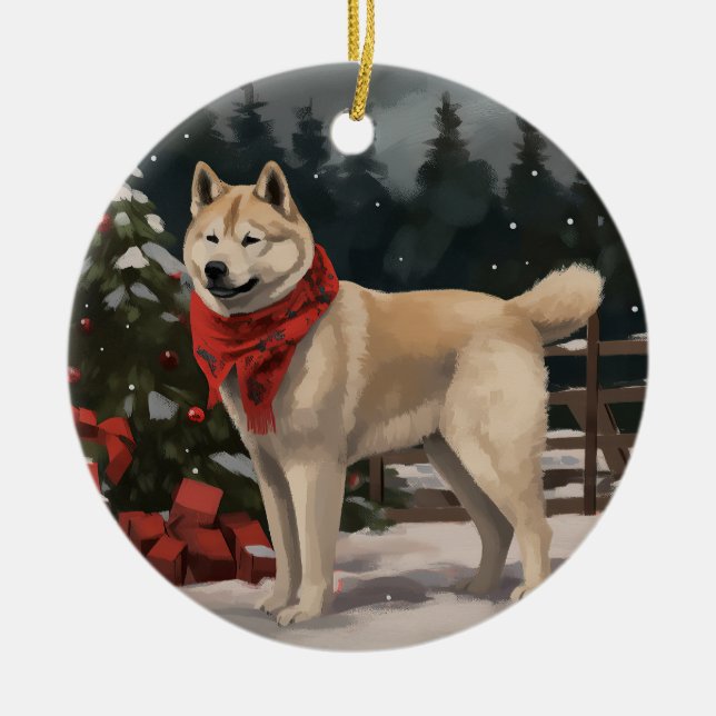 Akita Dog in Snow Christmas Ceramic Ornament (Front)