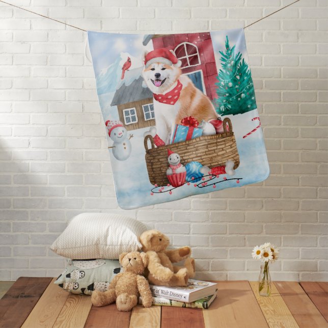Akita Dog In snow Christmas Dog House Baby Blanket (In Situ)