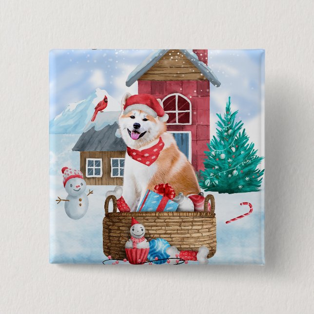 Akita Dog In snow Christmas Dog House Button (Front)