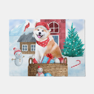 Akita Dog In snow Christmas Dog House Doormat