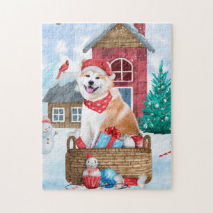Akita Dog In snow Christmas Dog House Jigsaw Puzzle