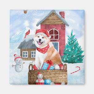 Akita Dog In snow Christmas Dog House Magnet