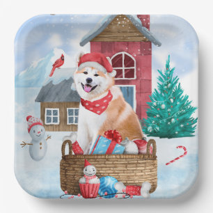 Akita Dog In snow Christmas Dog House Paper Plates