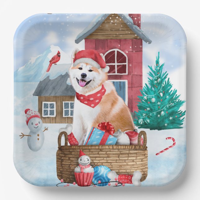 Akita Dog In snow Christmas Dog House Paper Plates (Front)
