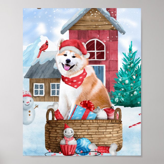 Akita Dog In snow Christmas Dog House Poster (Front)