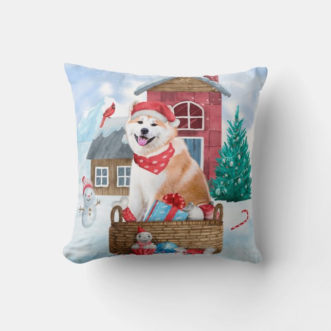 Akita Dog In snow Christmas Dog House Throw Pillow (Front)