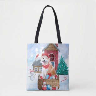 Akita Dog In snow Christmas Dog House Tote Bag