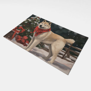 Akita Dog in Snow Christmas Doormat