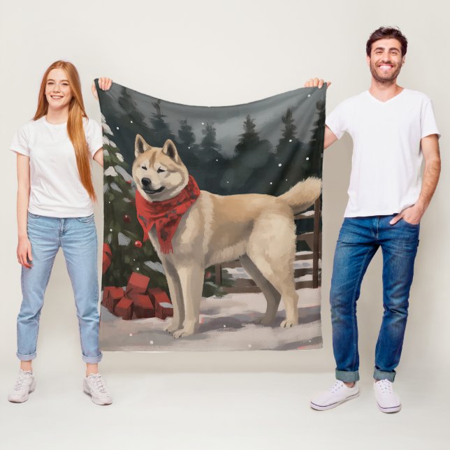 Akita Dog in Snow Christmas Fleece Blanket (In Situ)