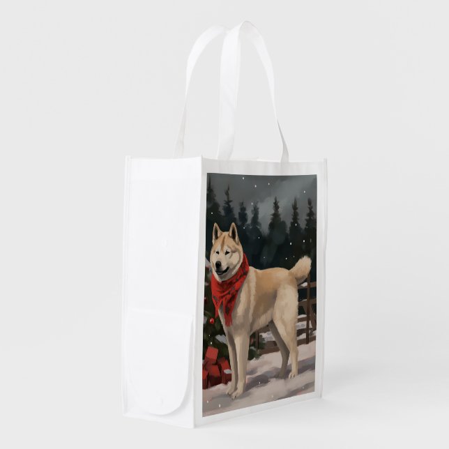 Akita Dog in Snow Christmas Grocery Bag (Front Side)