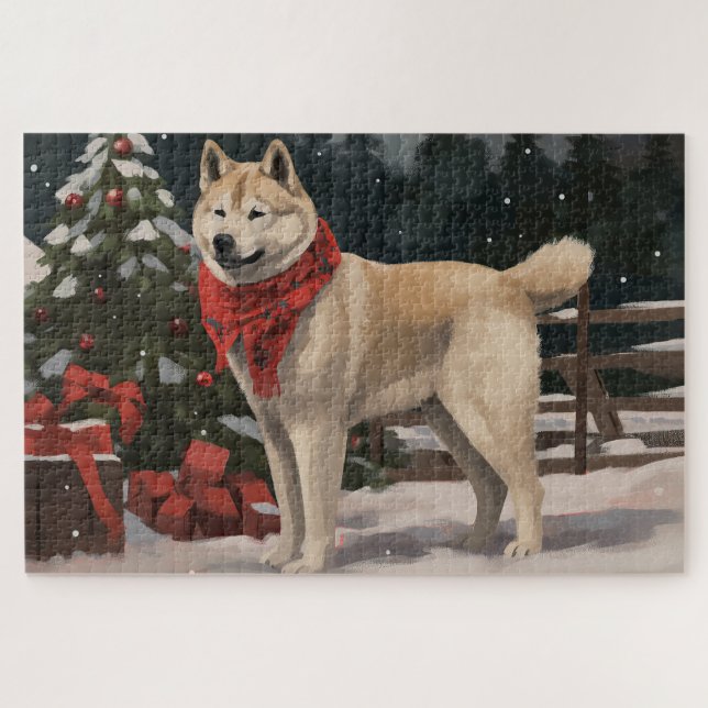 Akita Dog in Snow Christmas Jigsaw Puzzle (Horizontal)
