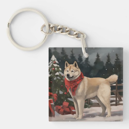 Akita Dog in Snow Christmas Keychain