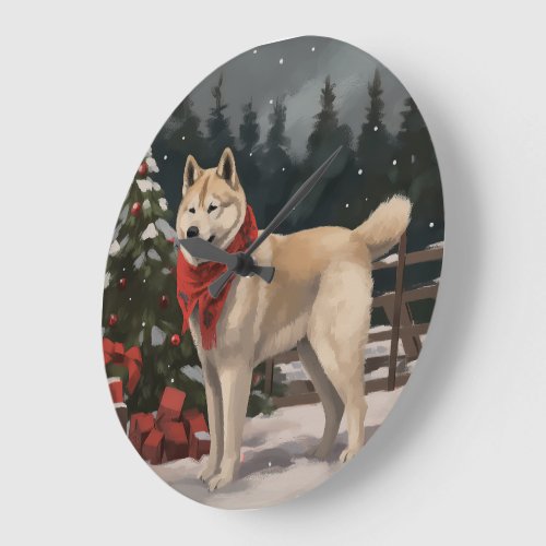 Akita Dog in Snow Christmas Large Clock