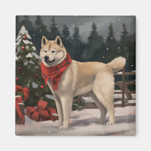 Akita Dog in Snow Christmas Magnet