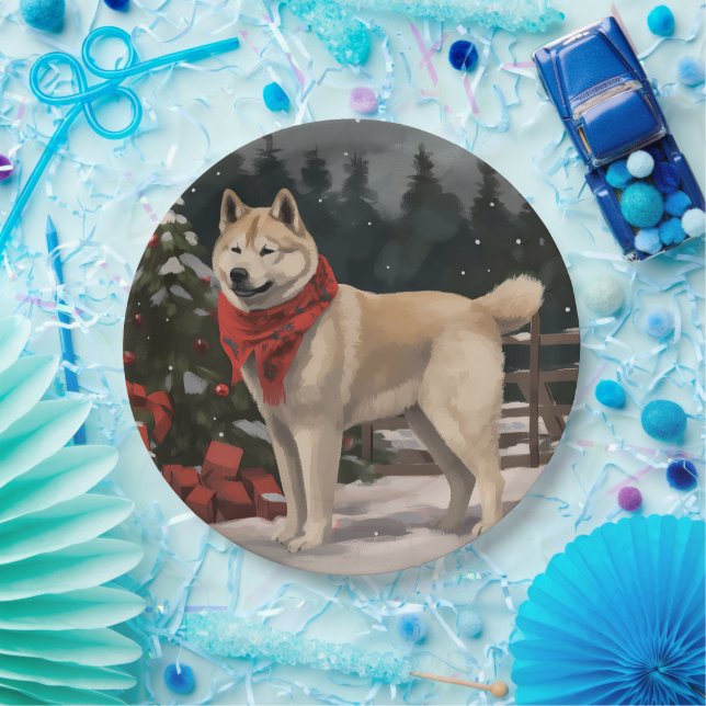 Akita Dog in Snow Christmas Paper Plates (Party)