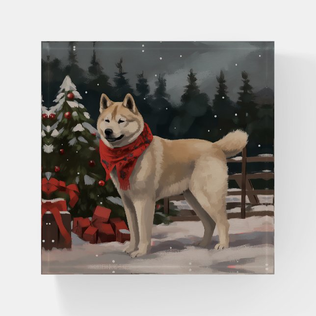 Akita Dog in Snow Christmas Paperweight (Front)