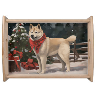 Akita Dog in Snow Christmas Serving Tray