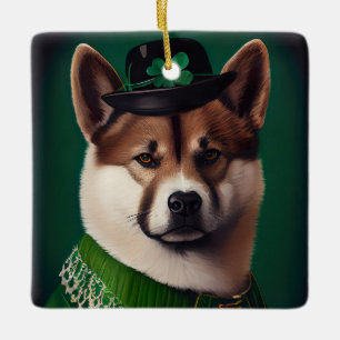 akita dog in St. Patrick's Day Dress Ceramic Ornament
