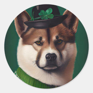 akita dog in St. Patrick's Day Dress Classic Round Sticker