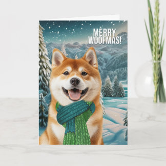 Akita Dog in Winter Scarf Merry Woofmas Holiday Card