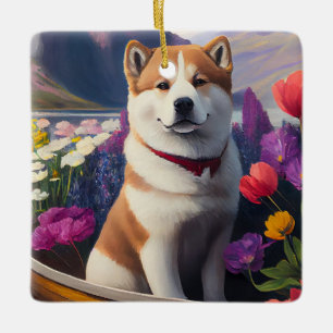 Akita Dog on a Paddle: A Scenic Adventure Ceramic Ornament
