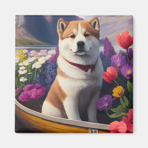 Akita Dog on a Paddle: A Scenic Adventure Magnet