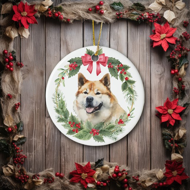 Akita Dog Red Bow Holly Wreath Ceramic Ornament (Creator Uploaded)