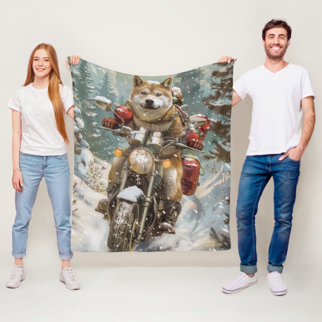 Akita Dog Riding Motorcycle Christmas Fleece Blanket (In Situ)