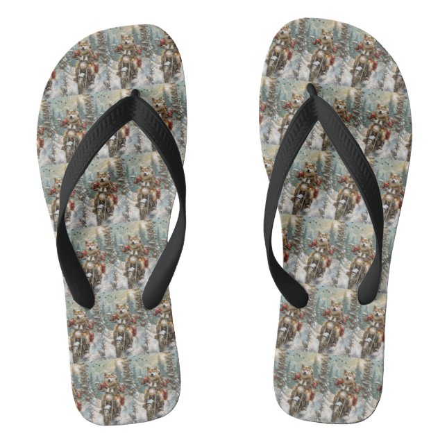 Akita Dog Riding Motorcycle Christmas Flip Flops (Footbed)