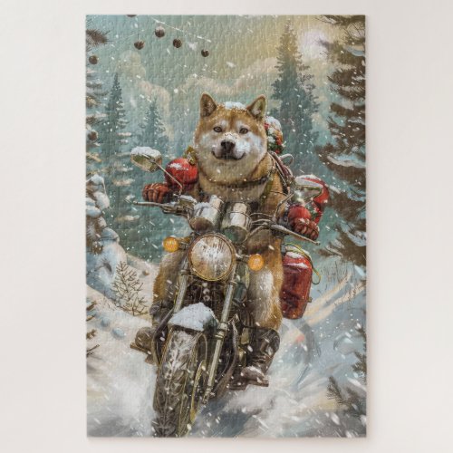 Akita Dog Riding Motorcycle Christmas Jigsaw Puzzle