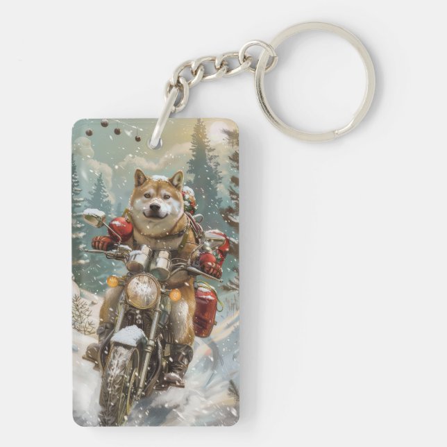 Akita Dog Riding Motorcycle Christmas Keychain (Back)