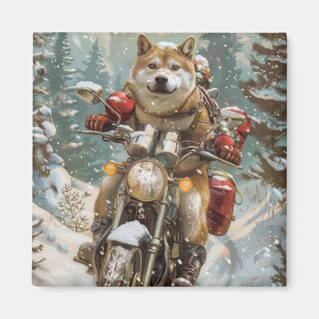 Akita Dog Riding Motorcycle Christmas Magnet (Front)