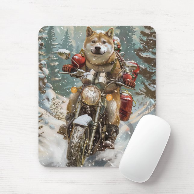 Akita Dog Riding Motorcycle Christmas Mouse Pad (With Mouse)