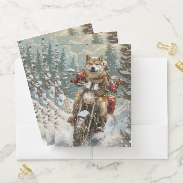 Akita Dog Riding Motorcycle Christmas Pocket Folder (In Situ)