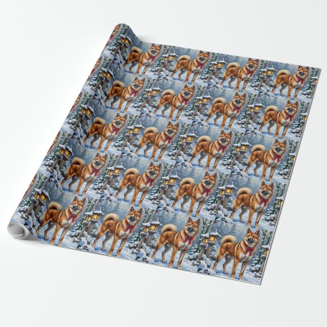 Akita Dog Serene Japanese Winter Christmas Wrapping Paper (Unrolled)
