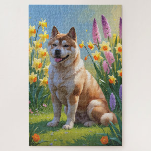 Akita Dog Spring Flowers Painting Jigsaw Puzzle