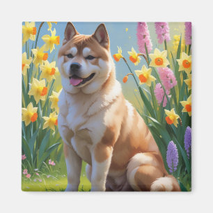 Akita Dog Spring Flowers Painting Magnet