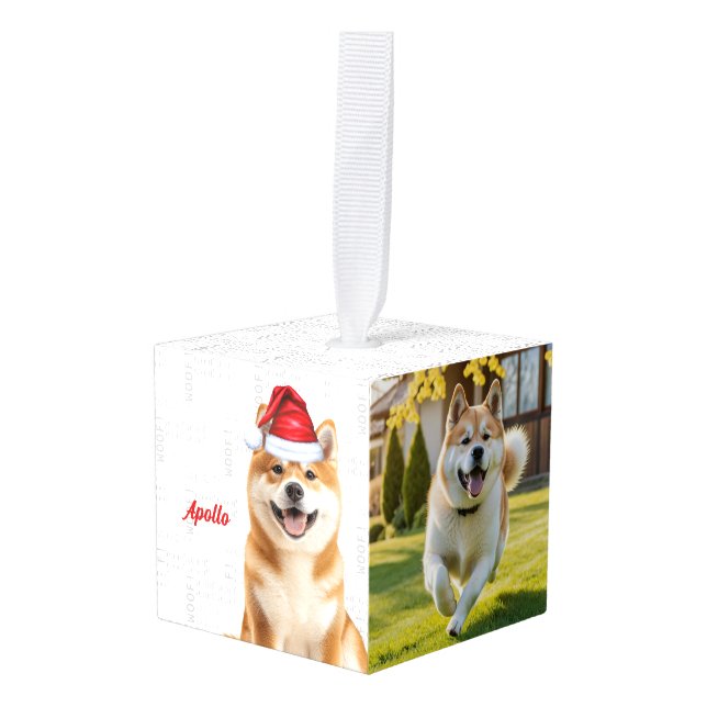 Akita Dog Two Photo Christmas Holiday Cube Ornament (Front Angled)