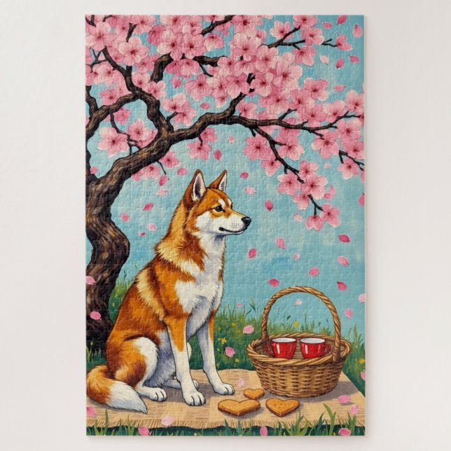 Akita Dog Valentine's Day Cherry Blossom Picnic Jigsaw Puzzle (Vertical)
