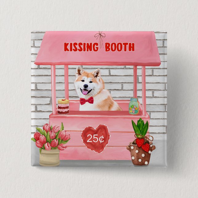 Akita Dog Valentine's Day Kissing Booth  Button (Front)