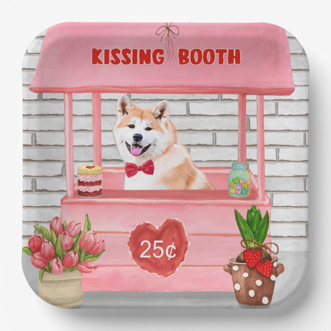 Akita Dog Valentine's Day Kissing Booth  Paper Plates (Front)