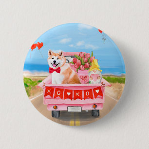 Akita Dog Valentine's Day Truck Hearts Button